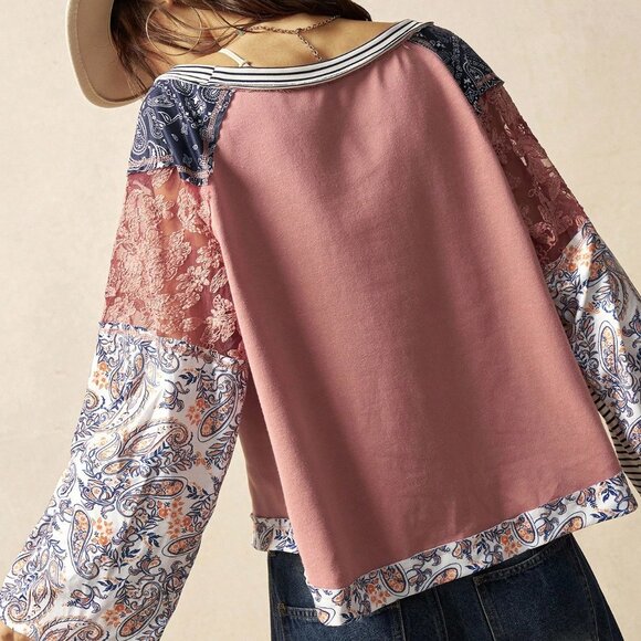 Coral Pink Boho Women's Countryside Vacation Knit Blouse - Picture 2 of 6